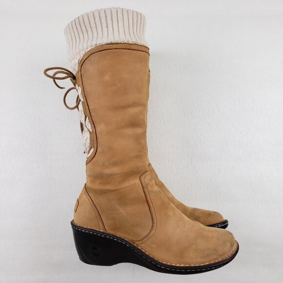 Ugg Skylair Knit Wedge Tall Boot Womens 9 Brown Leather Lace Up Side Zip Lined - Picture 4 of 16